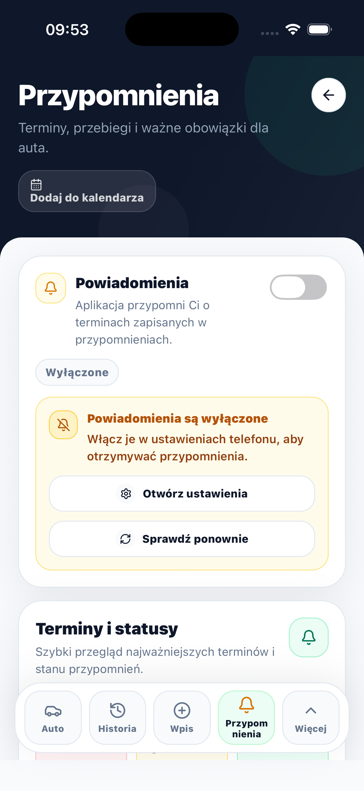 Dashboard pojazdu z terminami OC i przeglądu