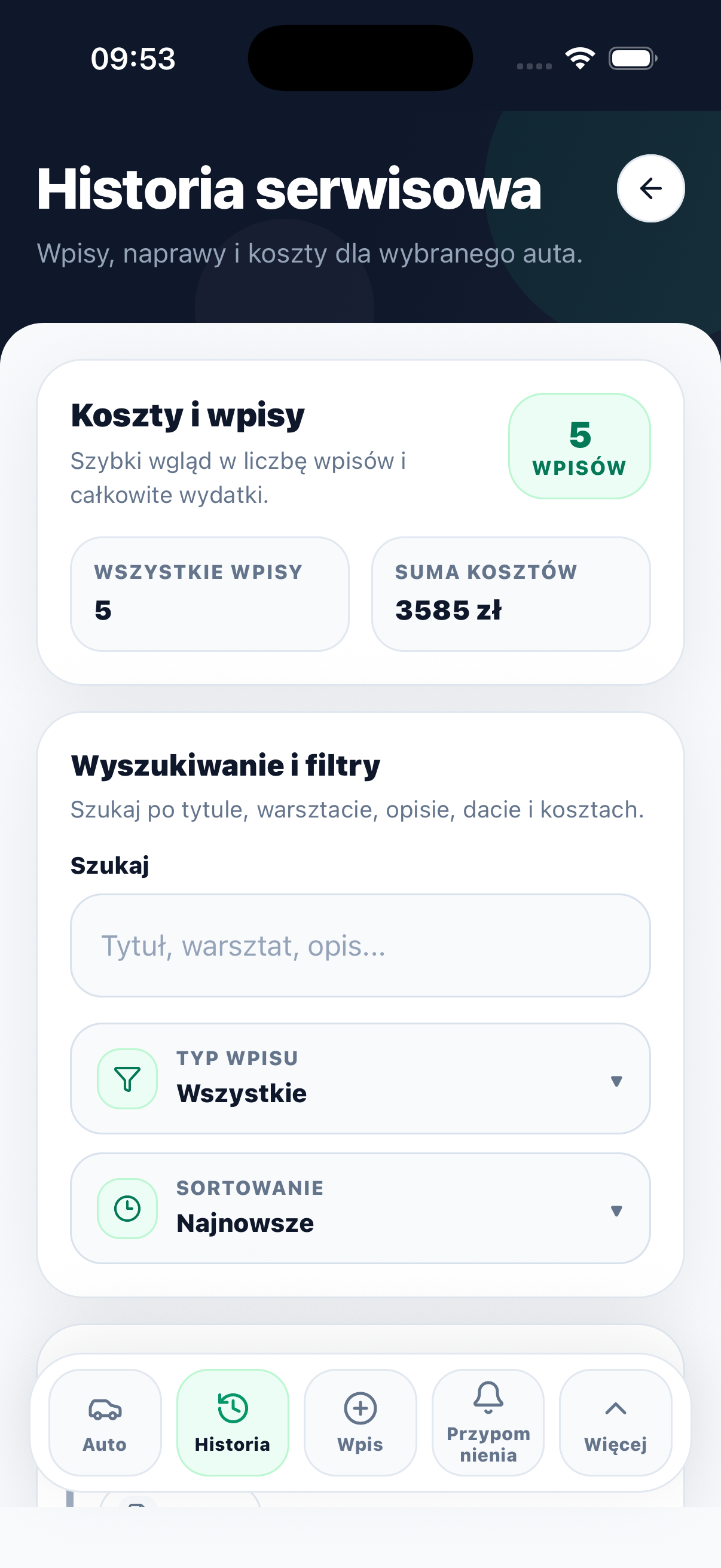 Historia serwisowa w AutoWpis